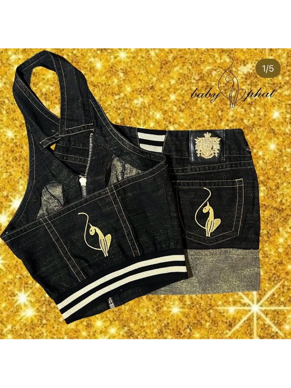 Baby Phat Black Denim Two-Piece Crop Top & Skirt Set with Gold Logos